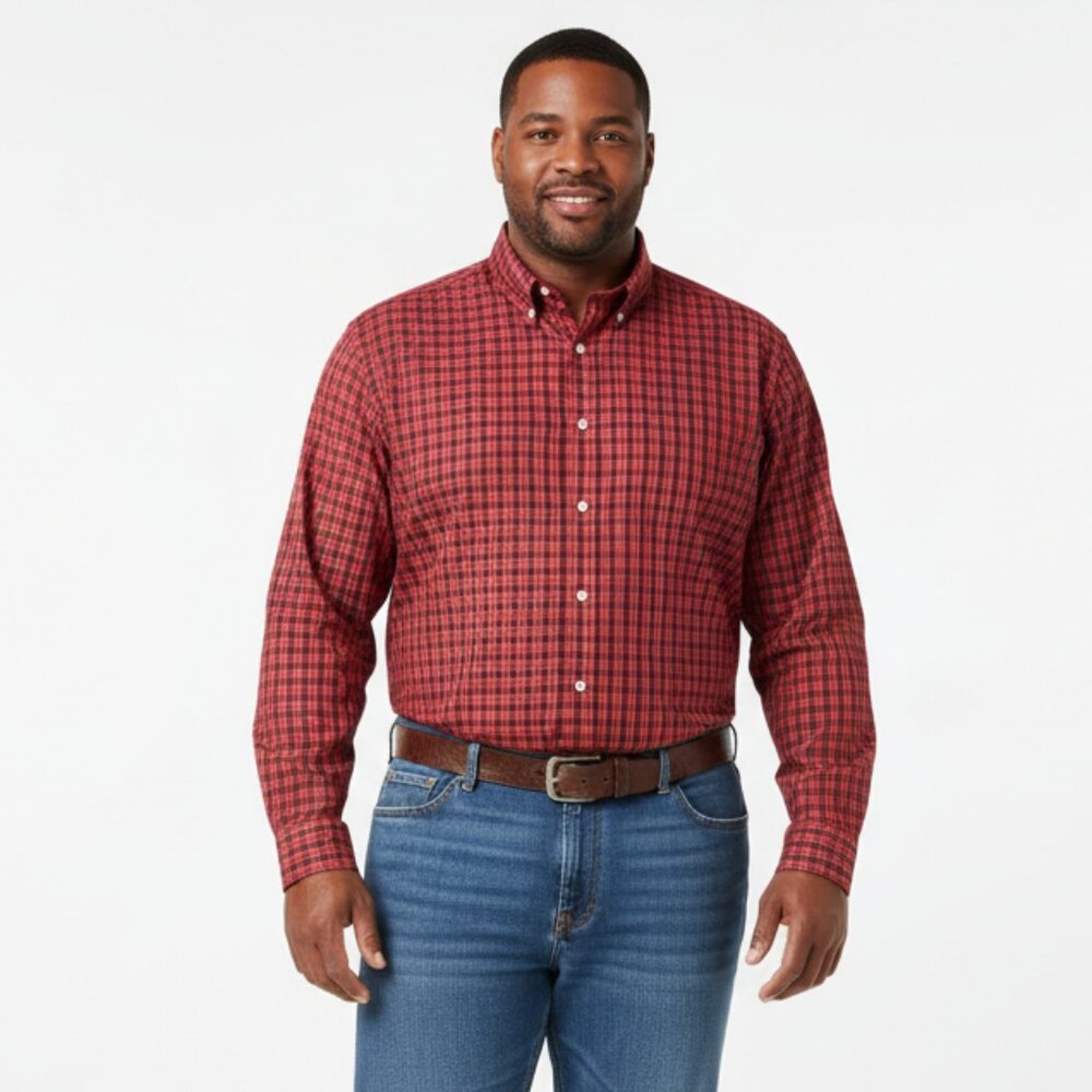 Roundtree & Yorke Red & White Plaid Long Sleeve Button Up & Down Shirt 2XT